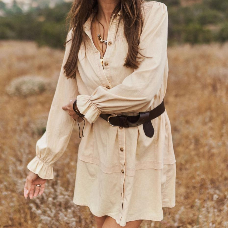 Ivory Long-sleeve Button Front Shirt Dress