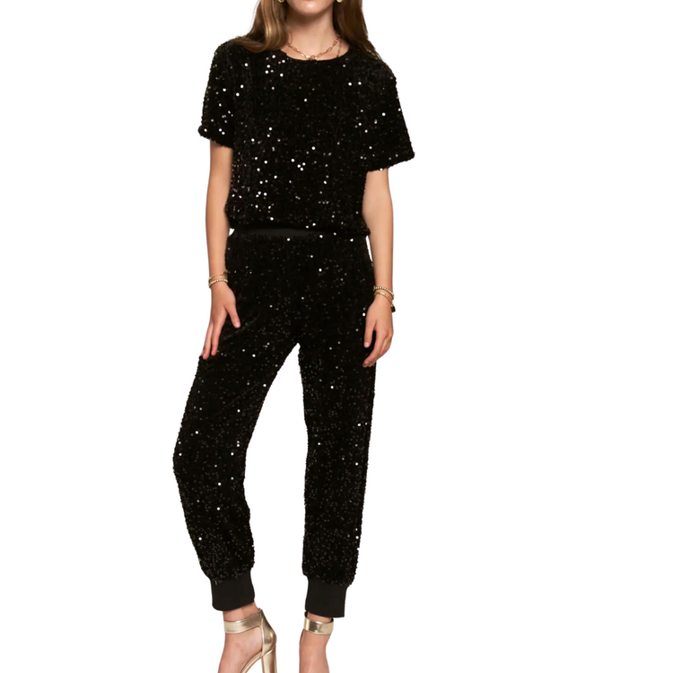 Black Sequined Joggers With Elastic Waist Band with Pockets