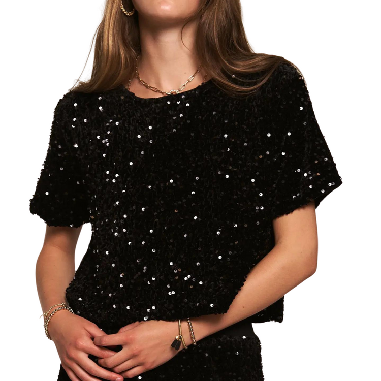 Black Sequined Short Sleeve Crop Top