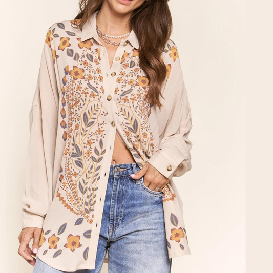 Fall Floral Cream Button Front Long Sleeve Top