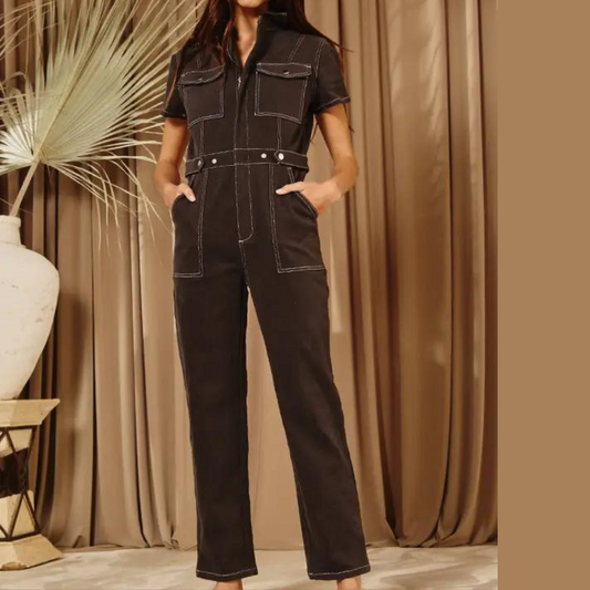 Charcoal Utility Stretched Denim Jumpsuit