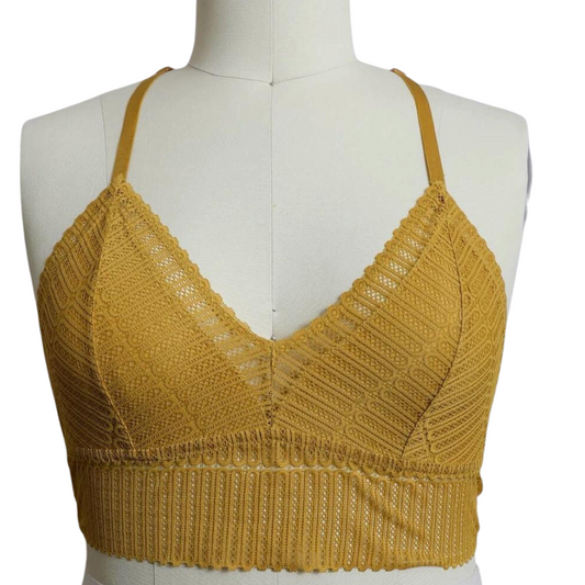 Mustard Yellow Lace and Ribbed Boho Racerback Bralette Plus Size