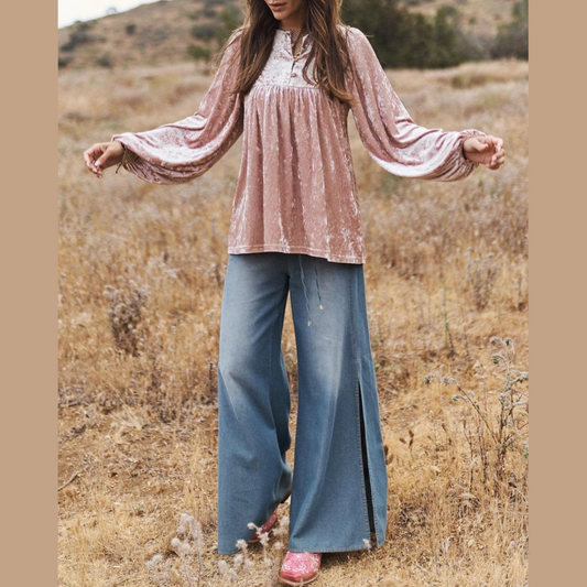 Soft Rose Crushed Velvet Embroidered Babydoll Long Sleeve Top