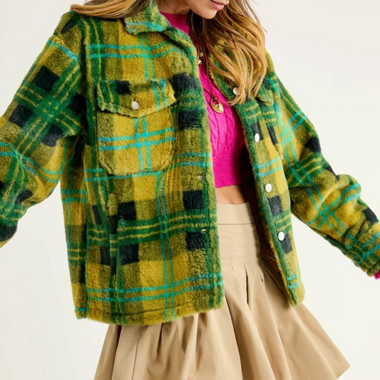 Kiwi Green and Blue Plaid Button Front Fuzzy Shacket