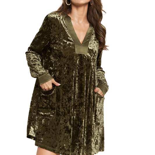 Deep Olive Green Velvet Long Sleeve V-Neck Babydoll Shirt Dress with Satin Trim