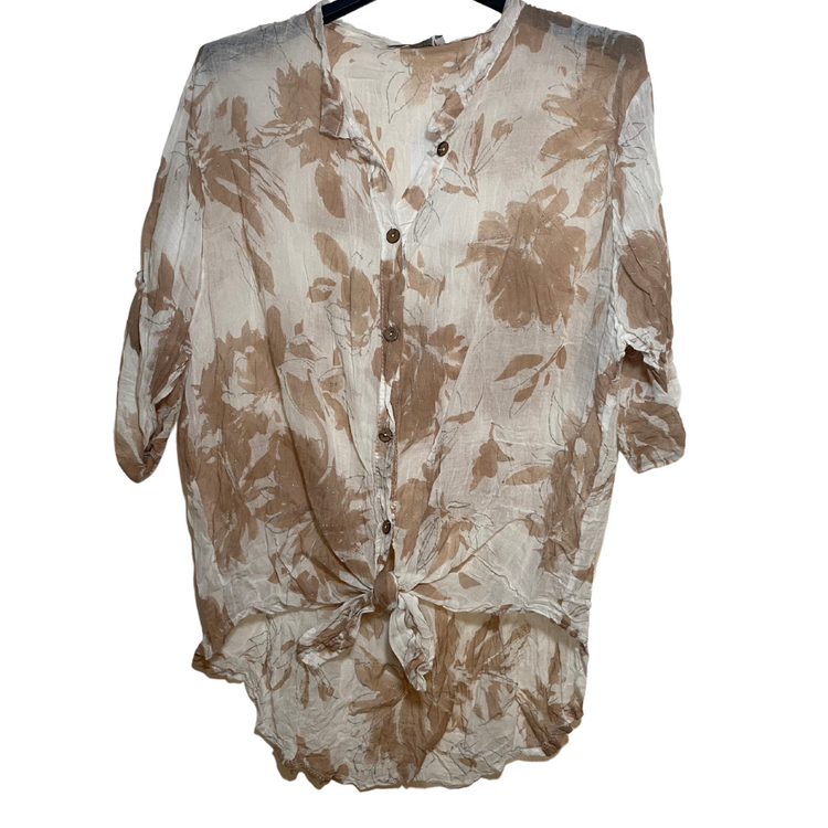 Italian Sheer Brown Floral White Button Front Bottom Tie Top