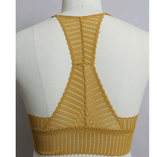 Mustard Yellow Lace and Ribbed Boho Racerback Bralette Plus Size