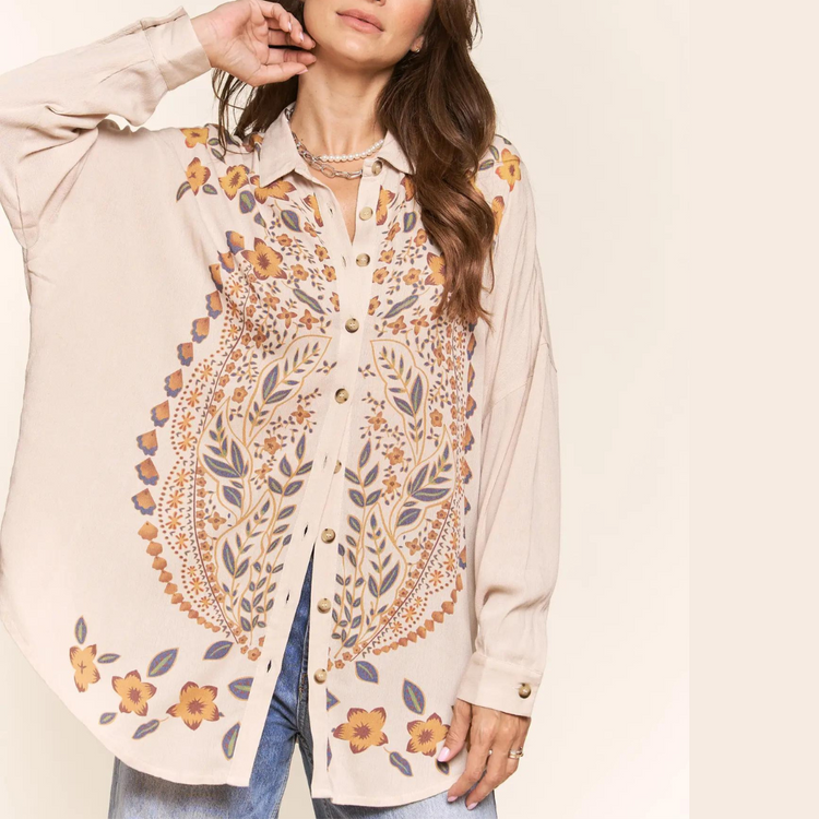 Fall Floral Cream Button Front Long Sleeve Top