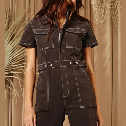 Charcoal Utility Stretched Denim Jumpsuit