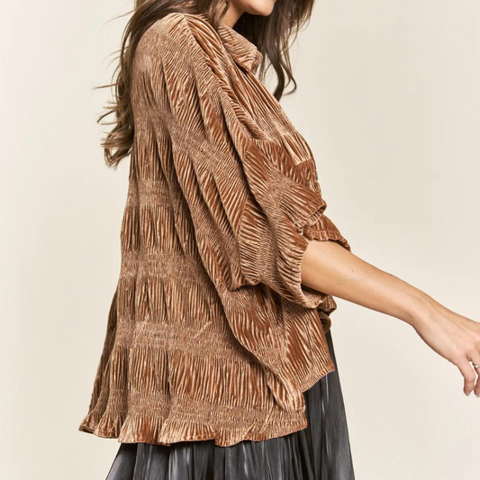 Brown Velvet Smocked Button Front Loose Baggy Top