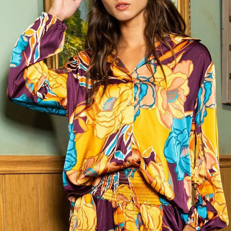 Burgundy Mustard Yellow Floral Satin Button-Up Shirt Blouse