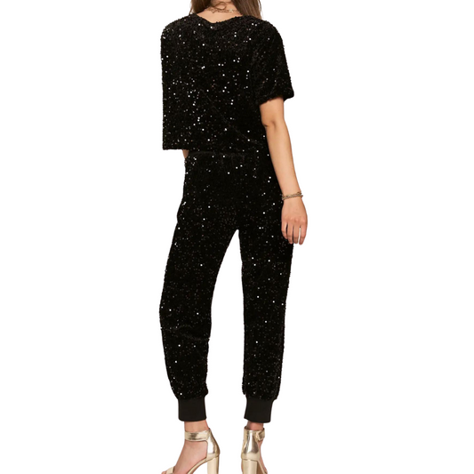 Black Sequined Joggers With Elastic Waist Band with Pockets