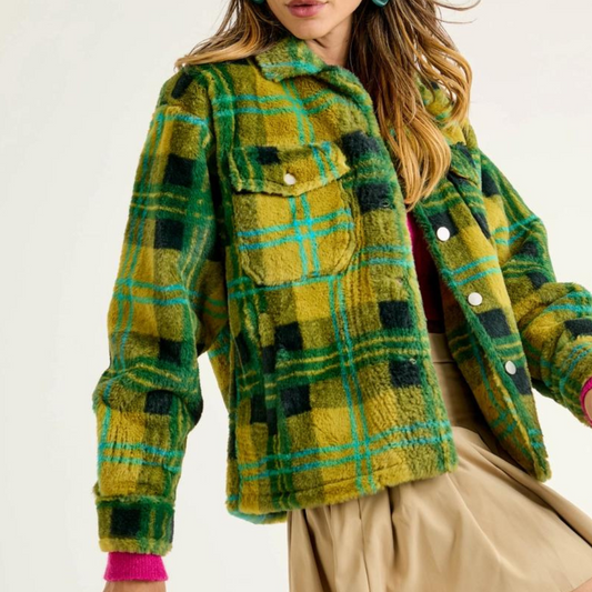 Kiwi Green and Blue Plaid Button Front Fuzzy Shacket