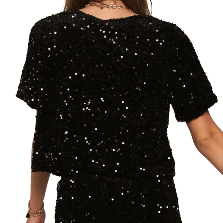 Black Sequined Short Sleeve Crop Top