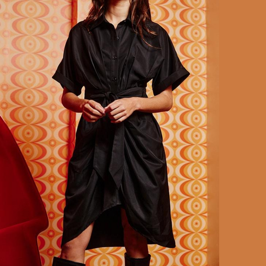 Satin Tulip Hem Shirt Dress with Ruched Tie Waist