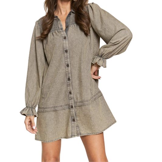 Charcoal Gray Stonewashed Long-sleeve Button Front Shirt Dress