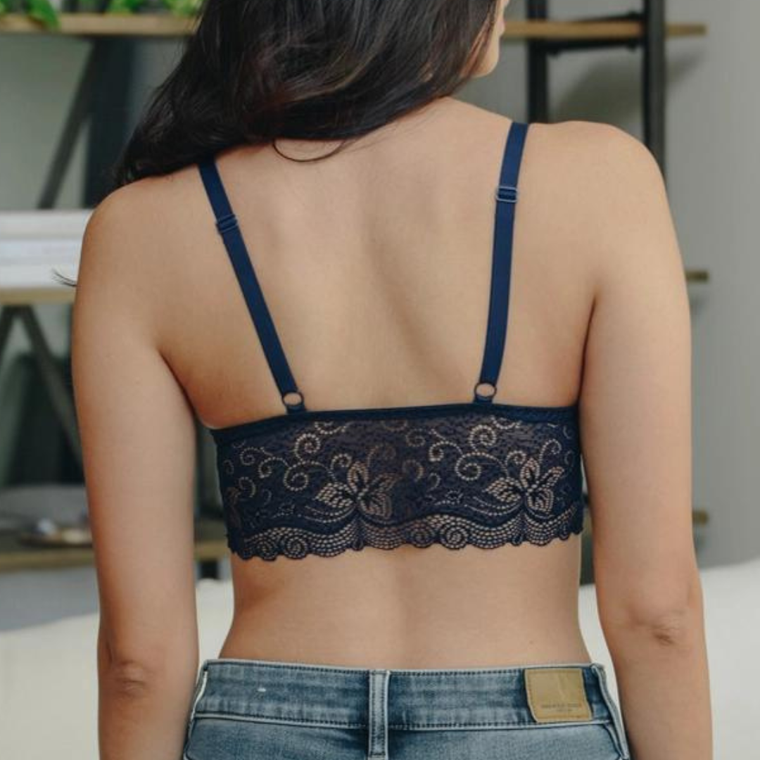 Midnight Blue Velvet and Lace Strappy Bralette with Front Strap Detail –  Karmic JuJu