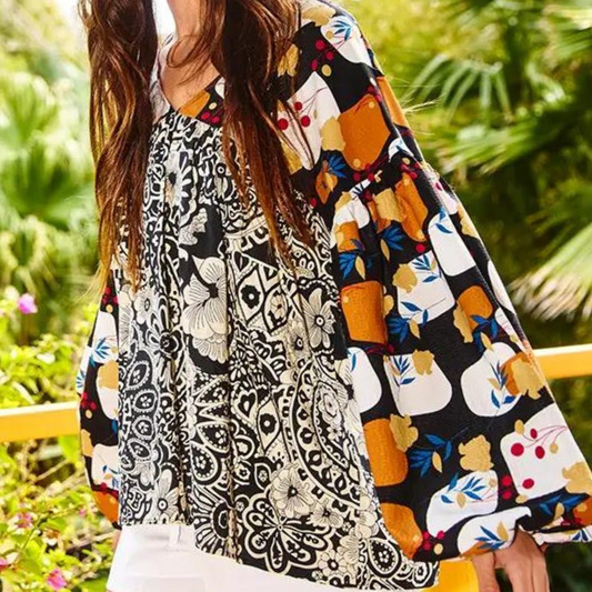 Contrast Print Long Sleeve V-neckline Babydoll  Poet Top