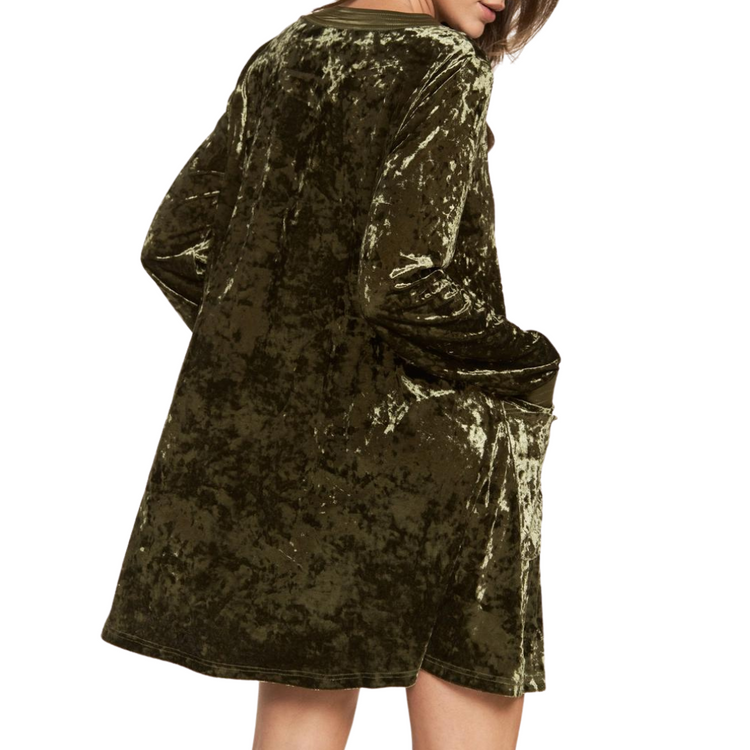 Deep Olive Green Velvet Long Sleeve V-Neck Babydoll Shirt Dress with Satin Trim