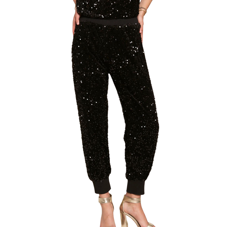 Black Sequined Joggers With Elastic Waist Band with Pockets