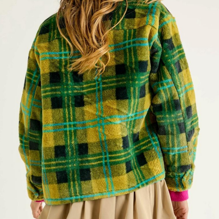 Kiwi Green and Blue Plaid Button Front Fuzzy Shacket