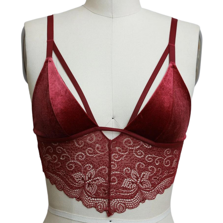 Maroon Velvet and Lace Strappy Bralette with Front Strap Detail