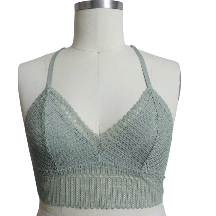 Sage Green Lace and Ribbed Boho Racerback Bralette Plus Size