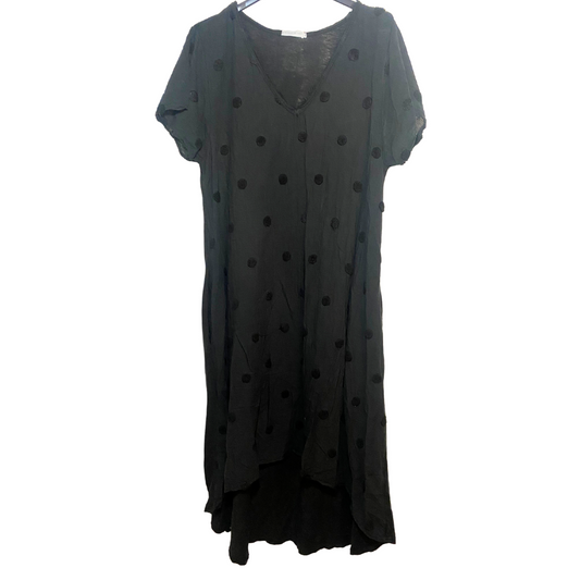 Italian Long Black Short Sleeve Dress with Chenille Polka Dots