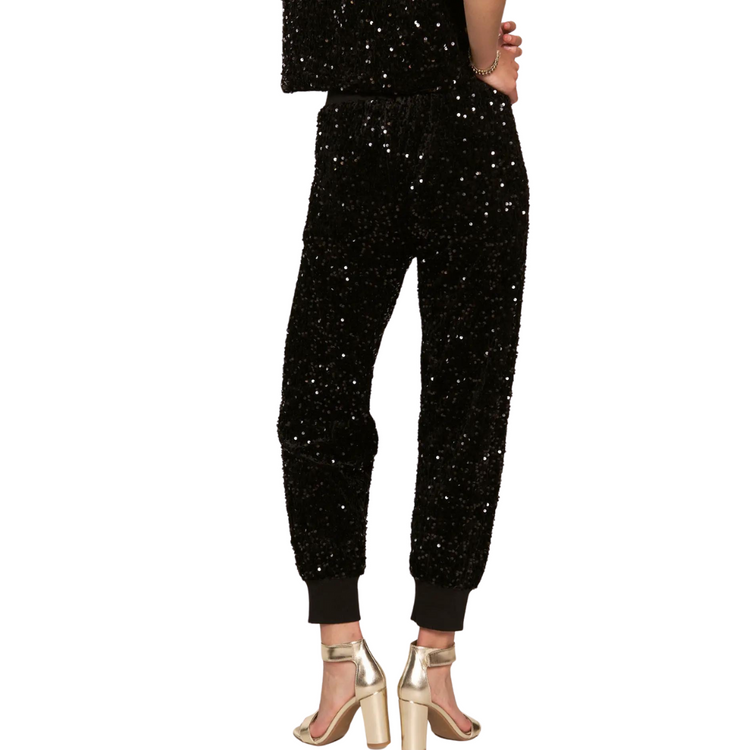 Black Sequined Joggers With Elastic Waist Band with Pockets