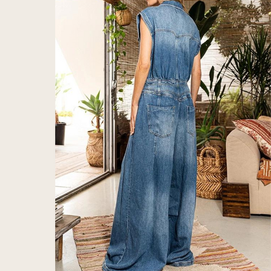 Sleeveless Dark Denim Button Front Jumpsuit with Wide Pleated Legs