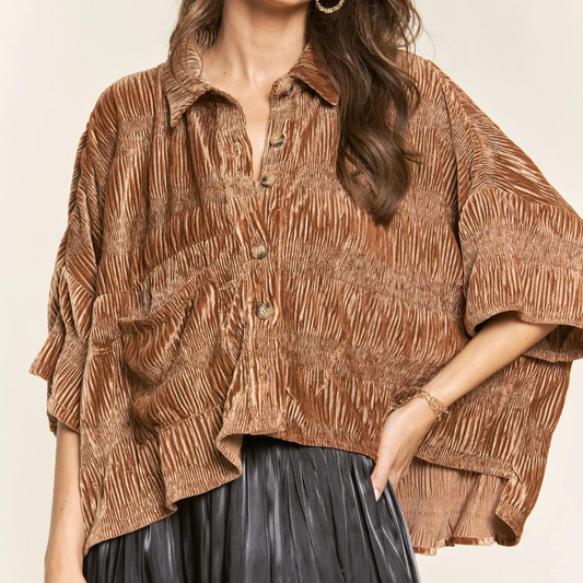 Brown Velvet Smocked Button Front Loose Baggy Top