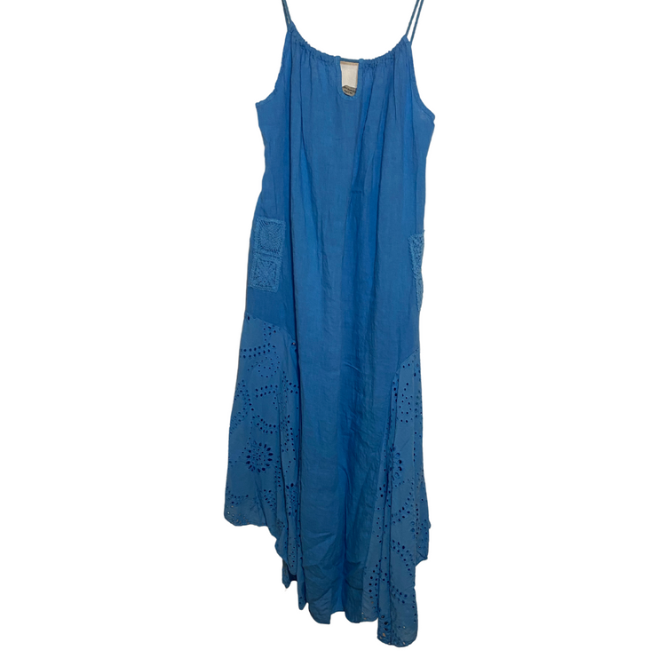 Italian Long Blue Linen Eyelet Detail Asymmetrical Hem Spaghetti Strap Dress