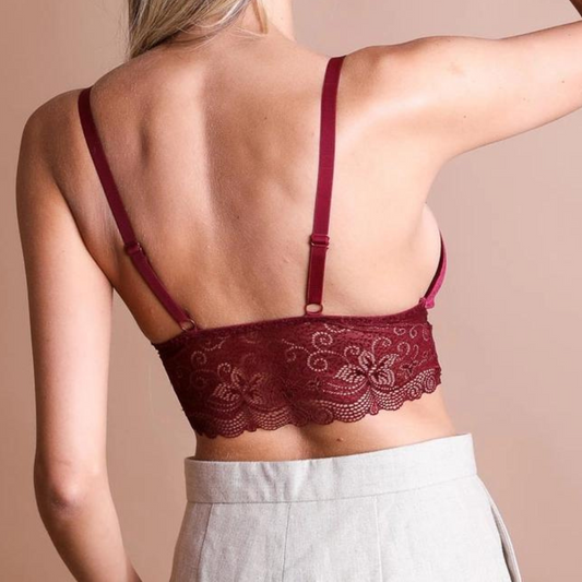 Maroon Velvet and Lace Strappy Bralette with Front Strap Detail