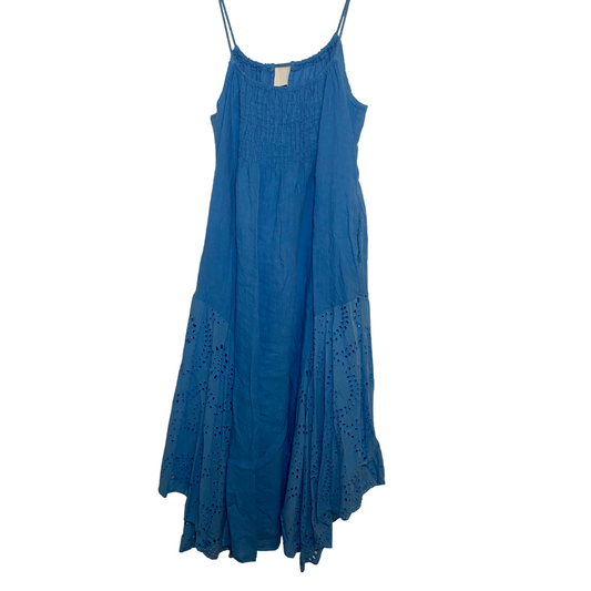 Italian Long Blue Linen Eyelet Detail Asymmetrical Hem Spaghetti Strap Dress