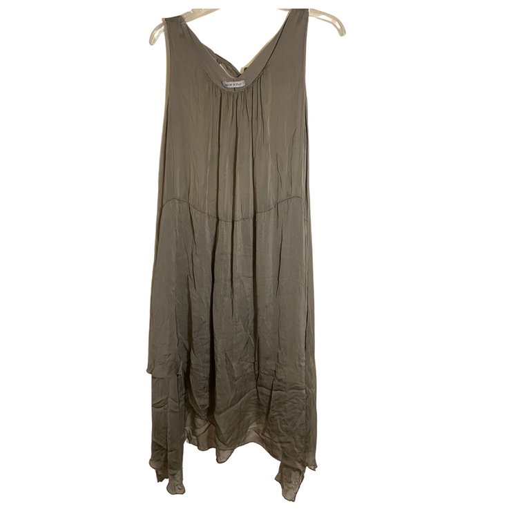 Italian Taupe Brown Silk Asymmetrical Hem Sleeveless Midi Sheet Dress with Back Neck Tie