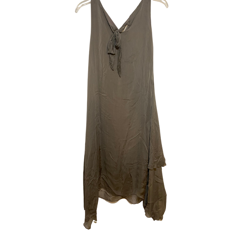 Italian Taupe Brown Silk Asymmetrical Hem Sleeveless Midi Sheet Dress with Back Neck Tie