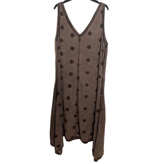 Italian Brown Sleeveless V-Neck Midi Sheet Dress with Chenille Polka Dots Front Design and Gauze Back