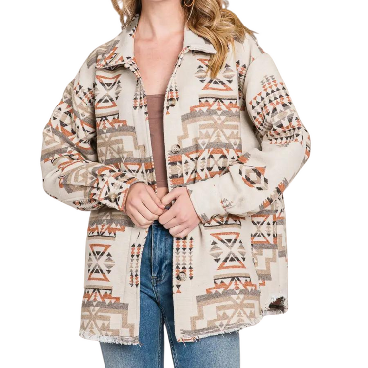 Aztec Bone Rust Brown Tan Long Sleeve Button Front Shacket Shirt with Raw Bottom Edge