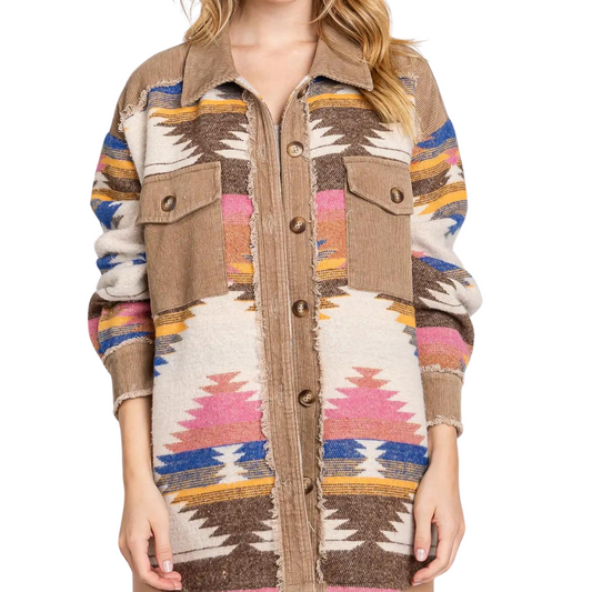 Aztec Pink Blue Bone Yellow Brown Button Front Shacket Shirt with Corduroy Trim Detail