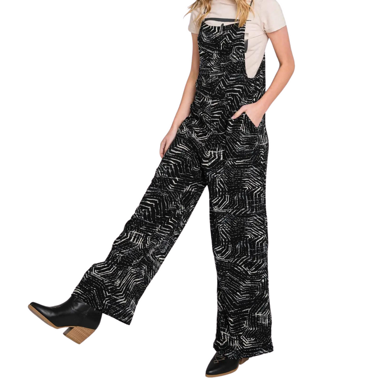 Black and White Printed Jumpsuit with Adjustable Straps