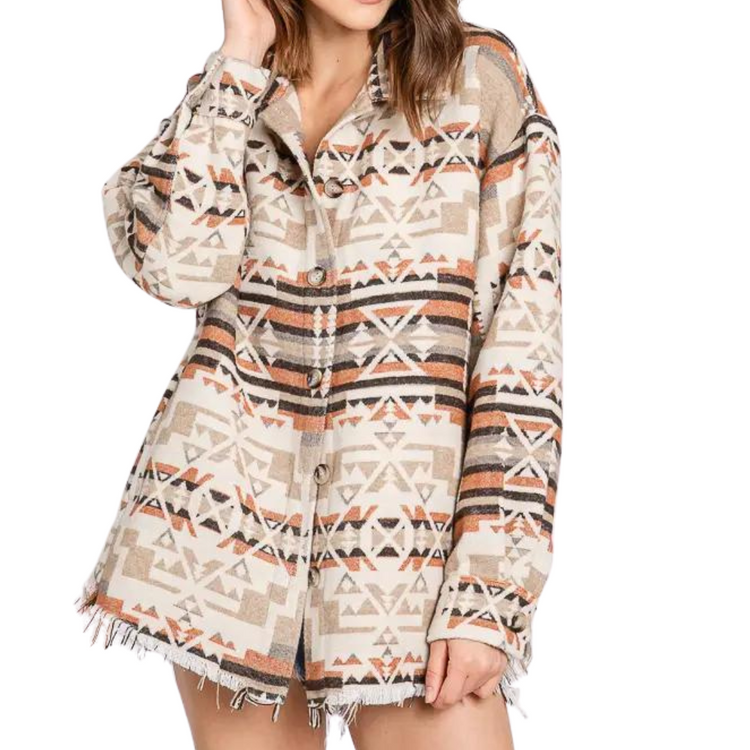 Aztec Ivory Rust Taupe Mocha Long Sleeve Button Front Shacket Shirt with Raw Bottom Edge