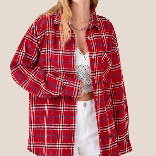 Red Winter Plaid Long Sleeve Button Front Shacket Shirt with Raw Edge Detail