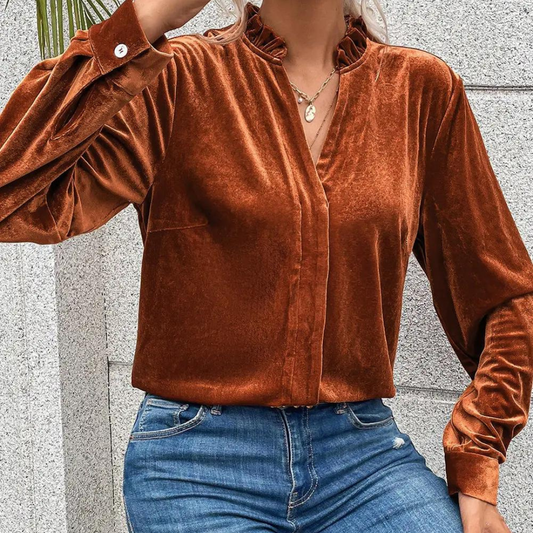 Burnt Orange Rust Velvet Frilled Neck V Neck Top