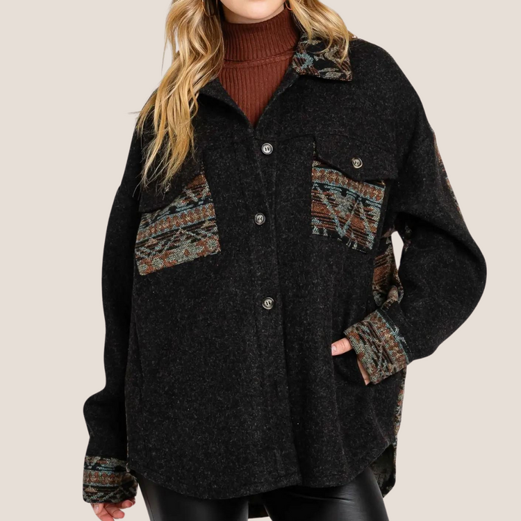 Black Gray Brown Aztec Contrast Long Sleeve Button Front Shacket Shirt