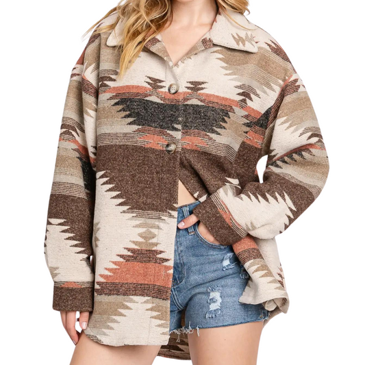 Aztec Cream Rust Brown Long Sleeve Button Front Shacket Shirt