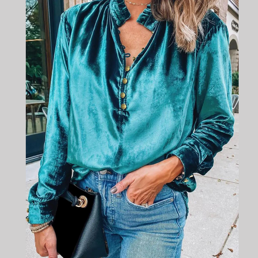 Teal Green Velvet Frilled Neck Button V Neck Top