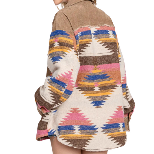 Aztec Pink Blue Bone Yellow Brown Button Front Shacket Shirt with Corduroy Trim Detail