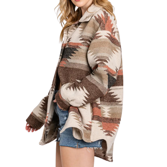 Aztec Cream Rust Brown Long Sleeve Button Front Shacket Shirt