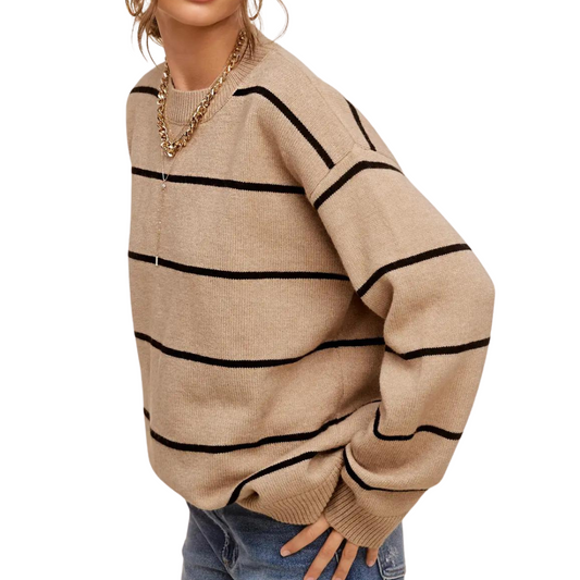 Loose Fit Tan with Black Stripe Long Sleeve Sweater