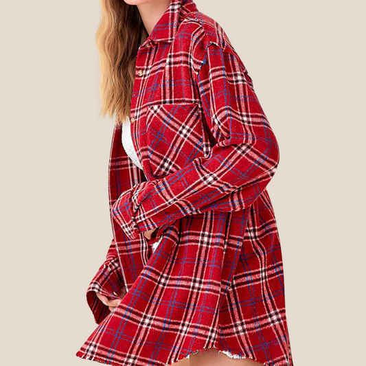 Red Winter Plaid Long Sleeve Button Front Shacket Shirt with Raw Edge Detail